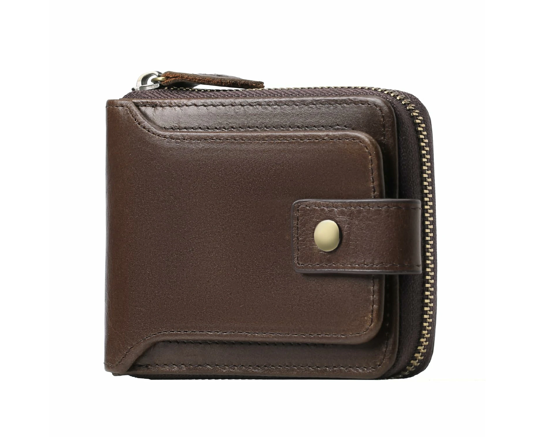 Men Wallet Genuine Leather RFID Blocking Bifold Wallet with ID Window Zip Coin Pocket Coffee