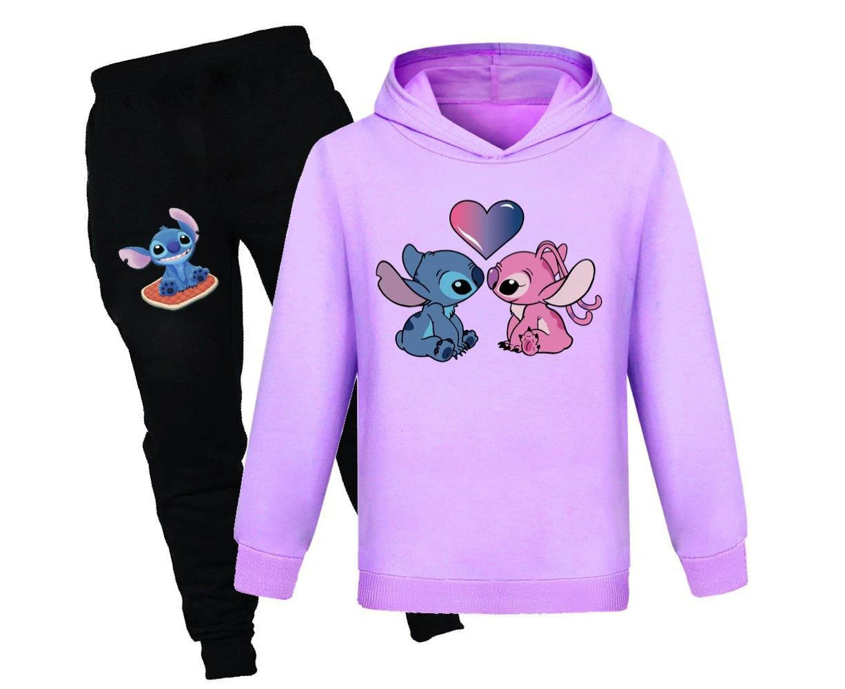 Kids Children Boys Girls Stitch Angel Printed Long Sleeve Hoodie Sweatshirt Pants Tracksuit Sports - Purple