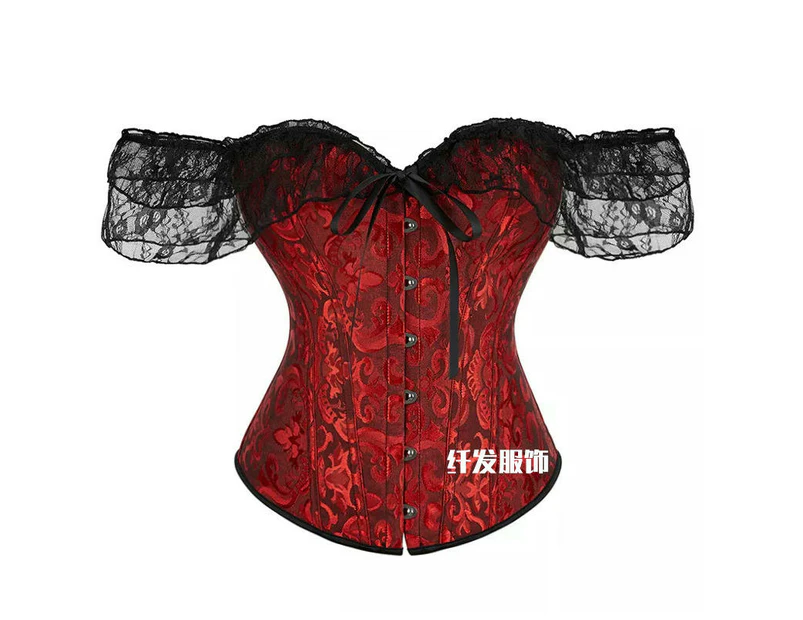 Women Floral Lace Off Shoulder Corset Bustier Boned Overbust Corset Bodyshaper Lingerie Top-Black Red