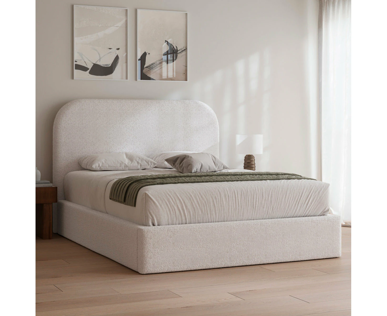 Bed Frame in King Queen Double Size Boucle Fabric Upholstered White Thick Rounded Style