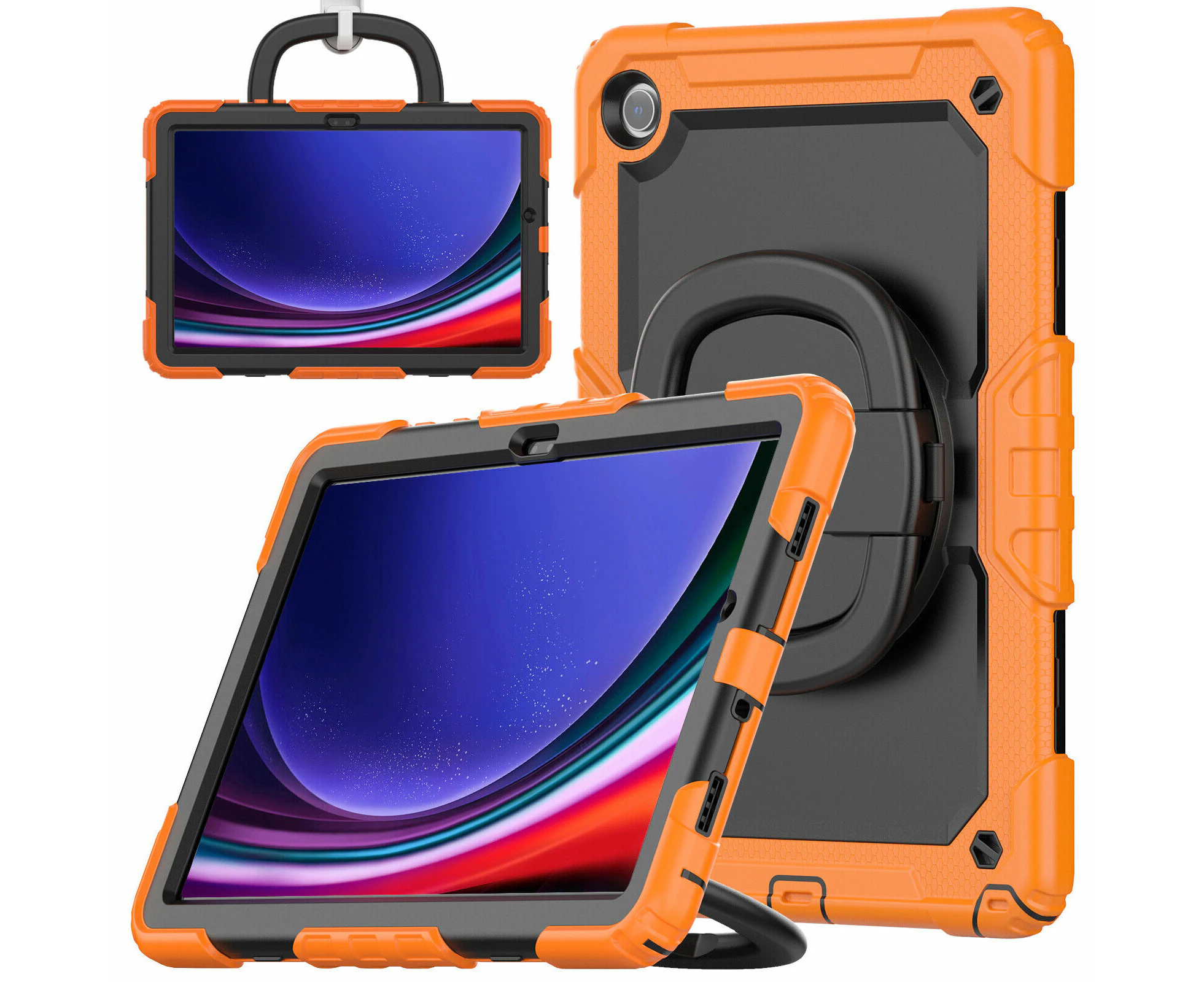 For New Samsung Galaxy Tab A9 SM-X110 / X115 8.7" Handle Ring Stand Survivor Case Built-in Screen Protector Cover - Orange