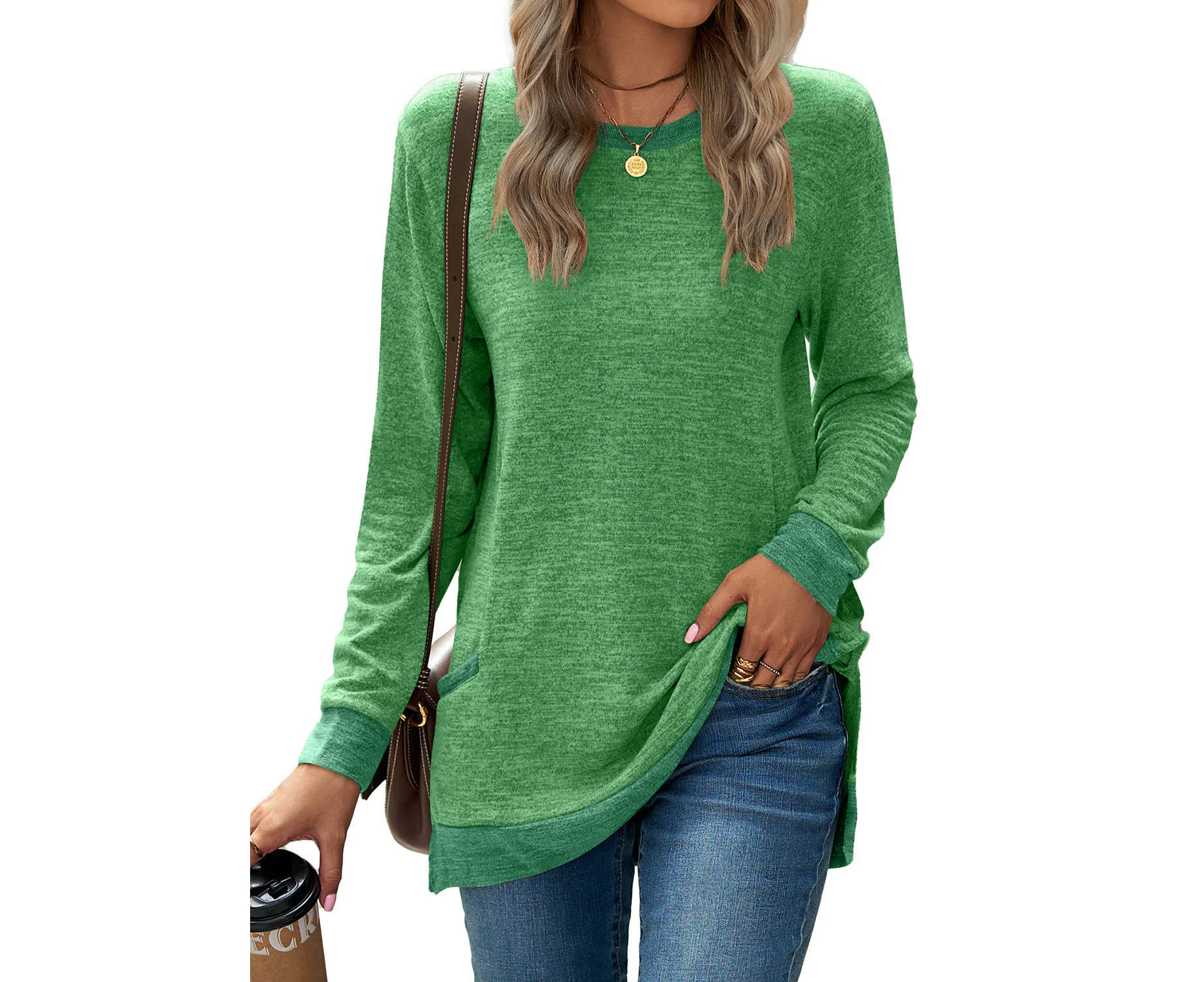 Women's Casual Long Sleeve Color Block Tops Crewneck Loose Fit T Shirt with Pockets-green