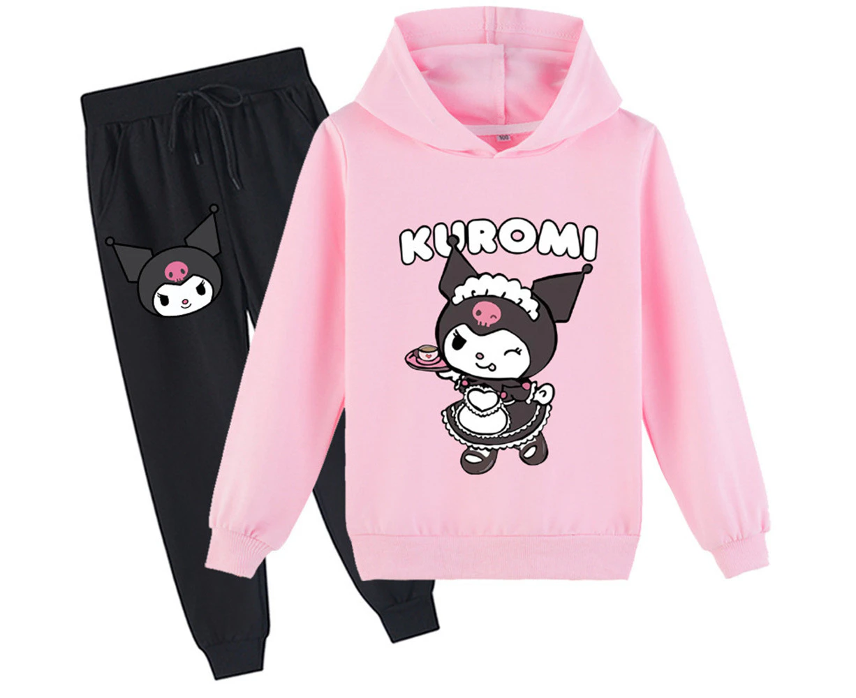 Kids Girls Kuromi Hoodie Tracksuit Set Sweatshirt Pullover Jogger Pants Sweatpants - Pink