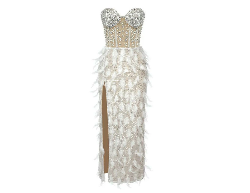 Addie Sweetheart Crystal Embellished Feather Midi Dress