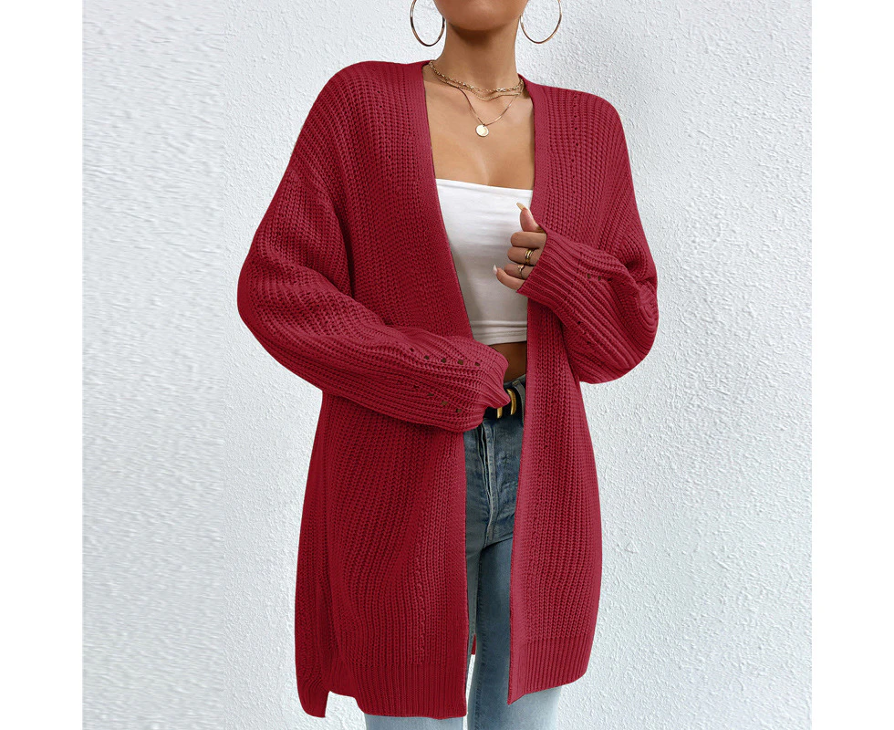 Women's casual v-neck solid color cardigan knitted cardigan solid color side split loose jacket long-sleeved medium-length jacket-Blushing Candidels