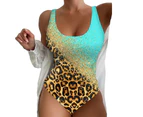 Women Scoop Neck Sleeveless Monokini Leopard Tie-dye Print One-Piece Swimming Suit Skinny Fit Beachwear-Sky Blue