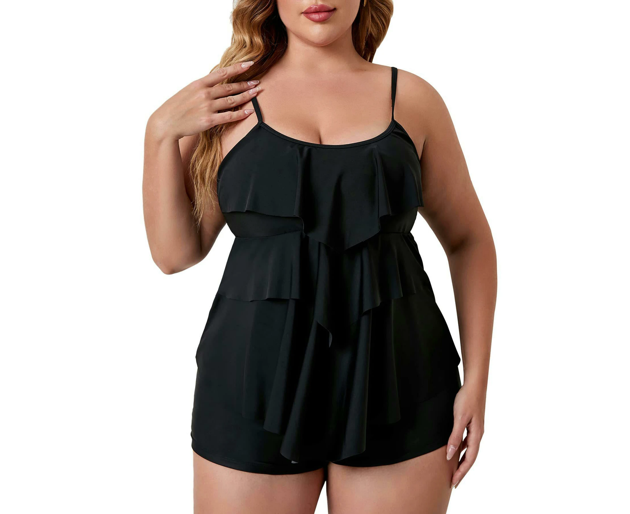 Women Plus Size Tankini Swimsuits Two Piece Bathing Suit Ruffled Flounce Swimwear with Shorts-black