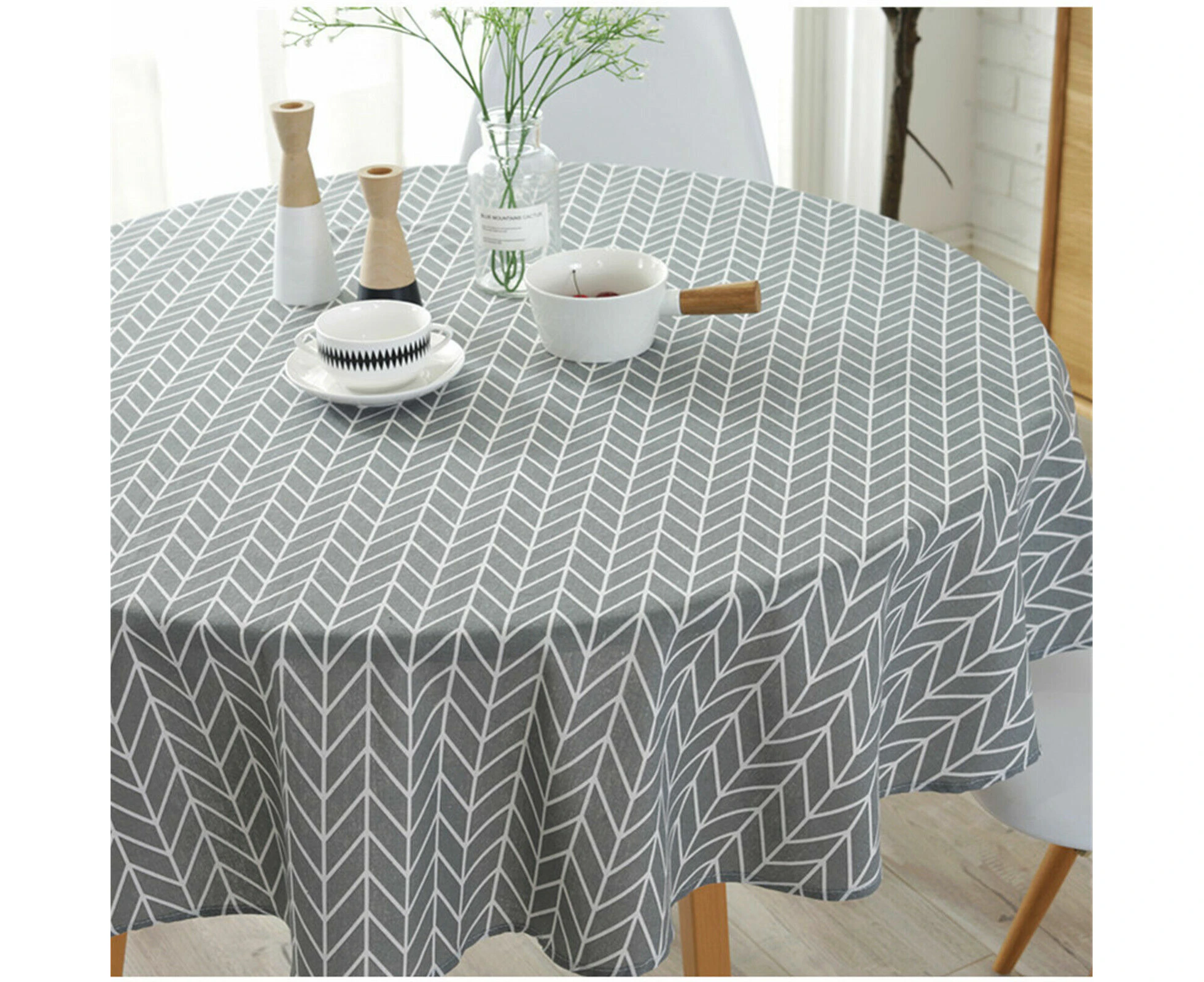 150cm Geometric Cotton Linen Round Table Cloth Tassel Trim Dining Table Cover Deco