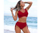 Women's Two Piece High Waisted Bikini Set Tummy Control Swimsuit Full Coverage Bathing Suit-Wine red