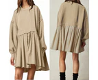 Women's Oversized Long Sleeve Sweatshirt Dress Patchwork Pullover Loose Pleated Skirt Top-White