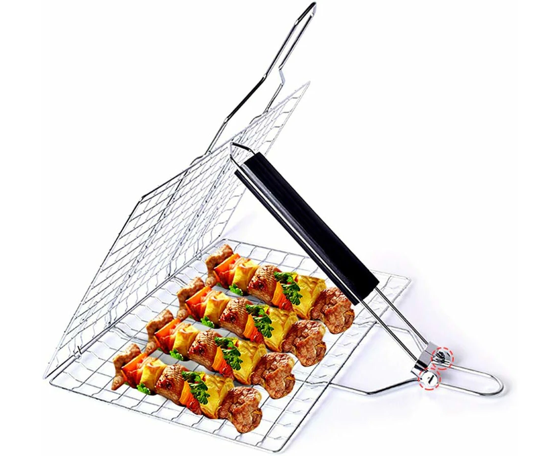 BBQ Grill Basket, Non Stick Stainless Steel, Foldable Mesh Net, Portable Tool with Handle for Fish, Meat, Veggies