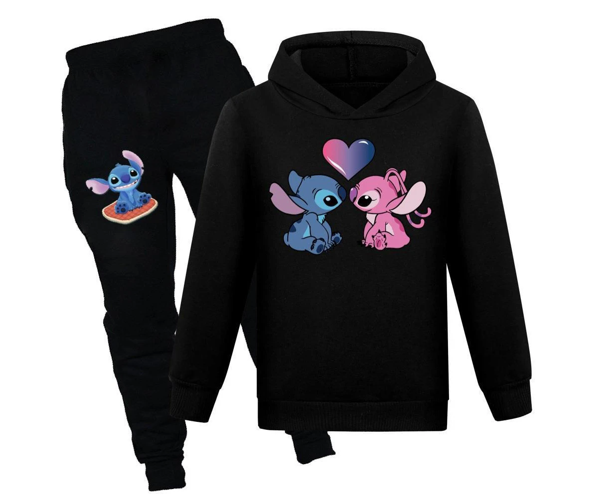 Kids Children Boys Girls Stitch Angel Printed Long Sleeve Hoodie Sweatshirt Pants Tracksuit Sports - Black