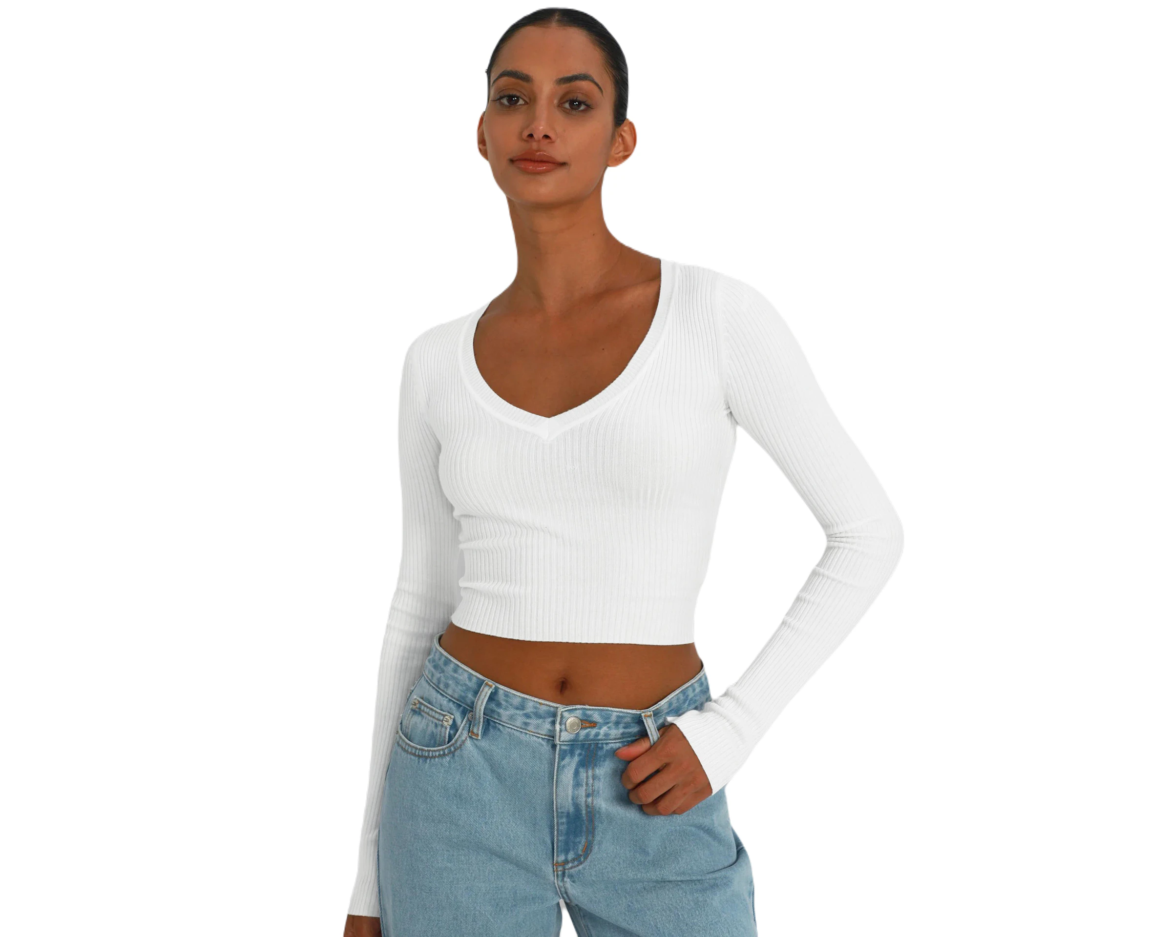 Women V-neck Crop Tops Elastic Ribbed Long Sleeve Crops Shirts Slim Fit Undershirts for Women-White