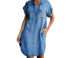 Strapsco Women Denim Shirt Dress Short Sleeve Button Loose Casual Long Dresses-Blue