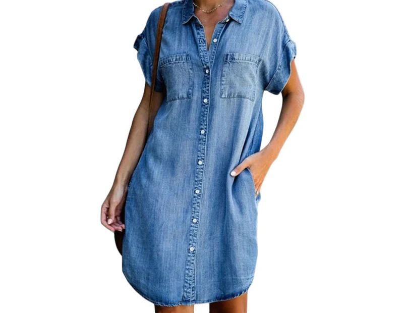 Strapsco Women Denim Shirt Dress Short Sleeve Button Loose Casual Long Dresses-Blue