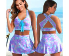 2Pcs/Set Bowknot Decor Halter Bikini Set Wide Shoulder Straps Padded Wire Free Tie-Dye Printing Bra High Waist Skort Swimwear Beachwear-Purple