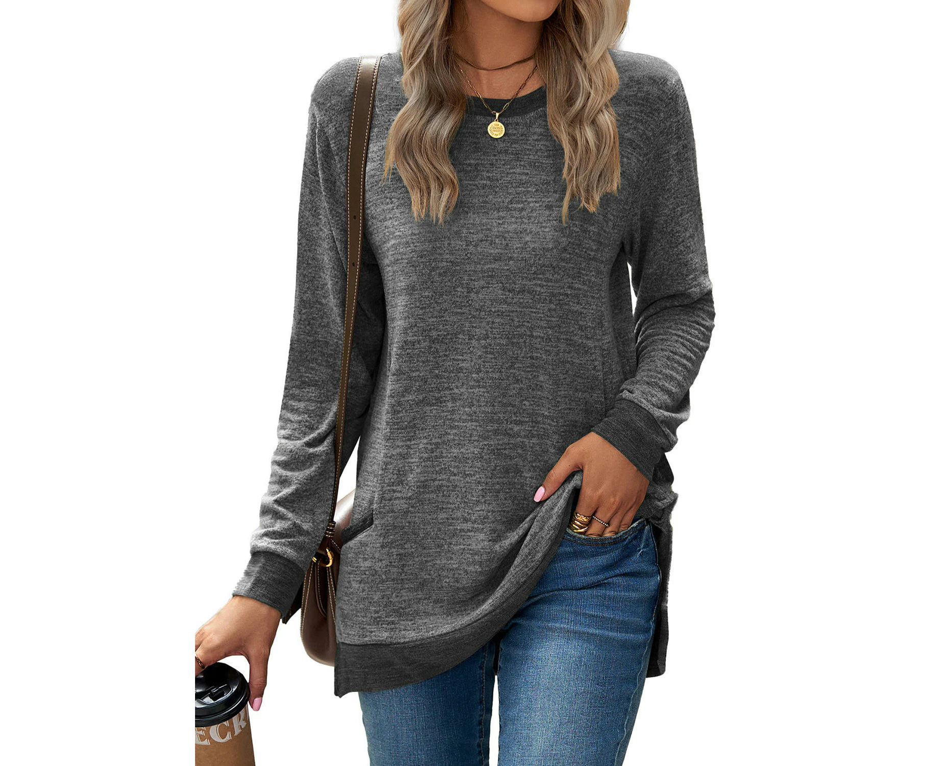 Women's Casual Long Sleeve Color Block Tops Crewneck Loose Fit T Shirt with Pockets-Dark gray