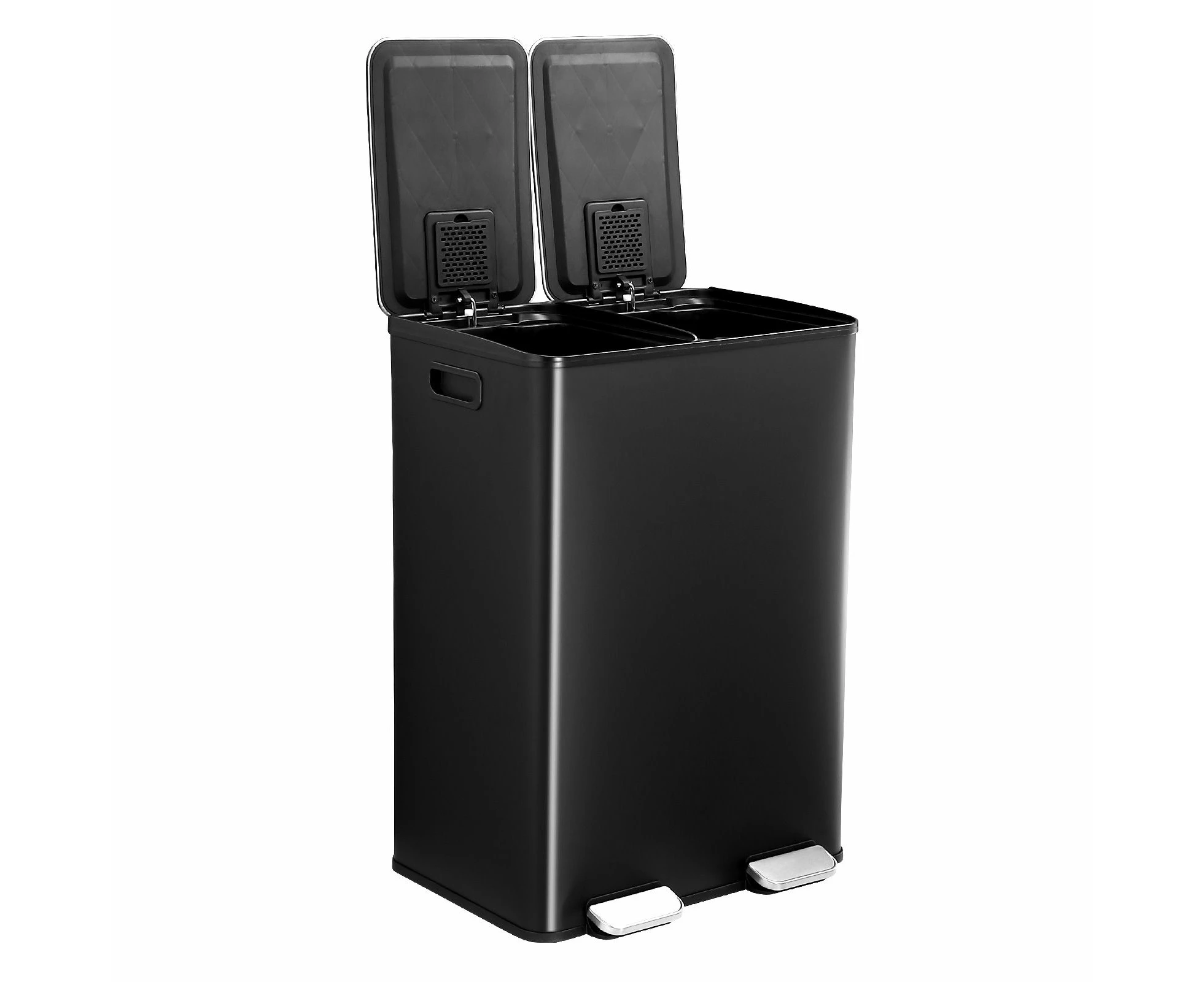 60L Rubbish Bin Dual Compartment Pedal Garbage Can Recycling Waste Stainless Steel Trashcan Soft Closing Lid Kitchen Black