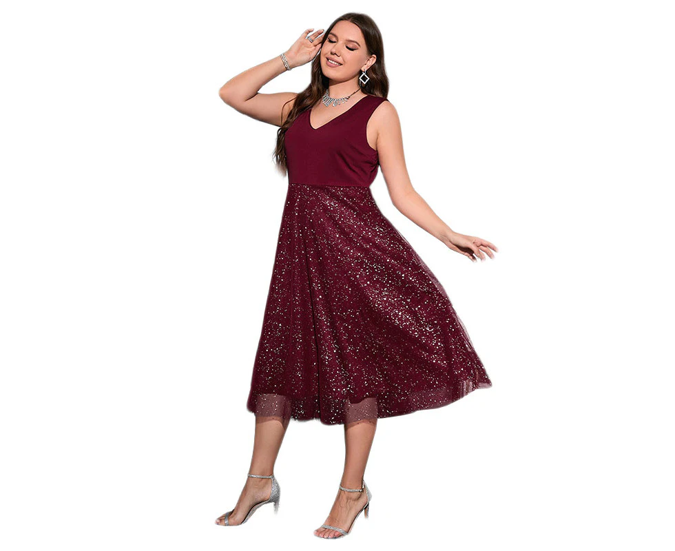 Strapsco Womens Plus Size Sequin Dress V Neck Sleeveless Party Dresses-Wine Red