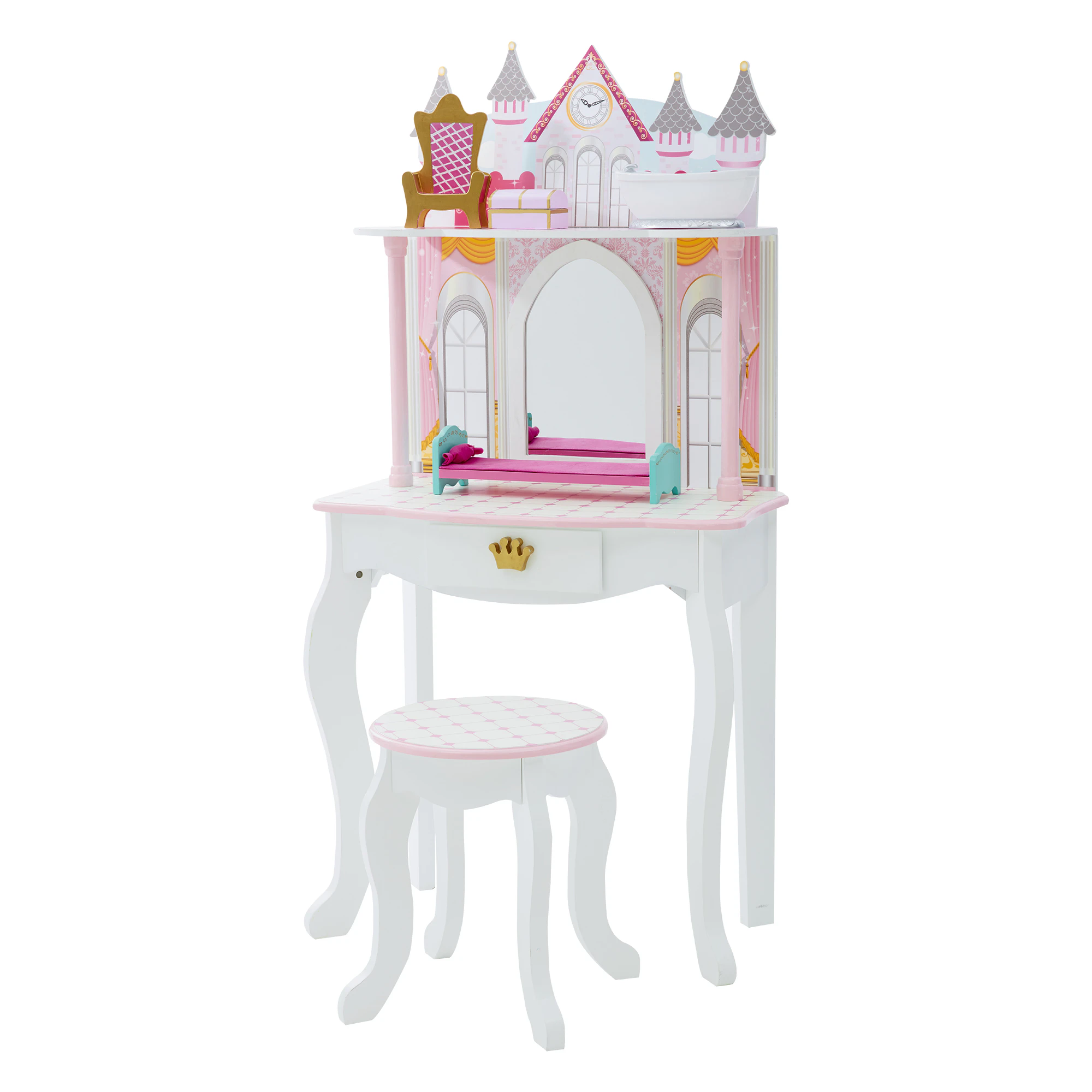 Fantasy Fields Dreamland Castle Kids Play Vanity Table & Stool, White & Pink