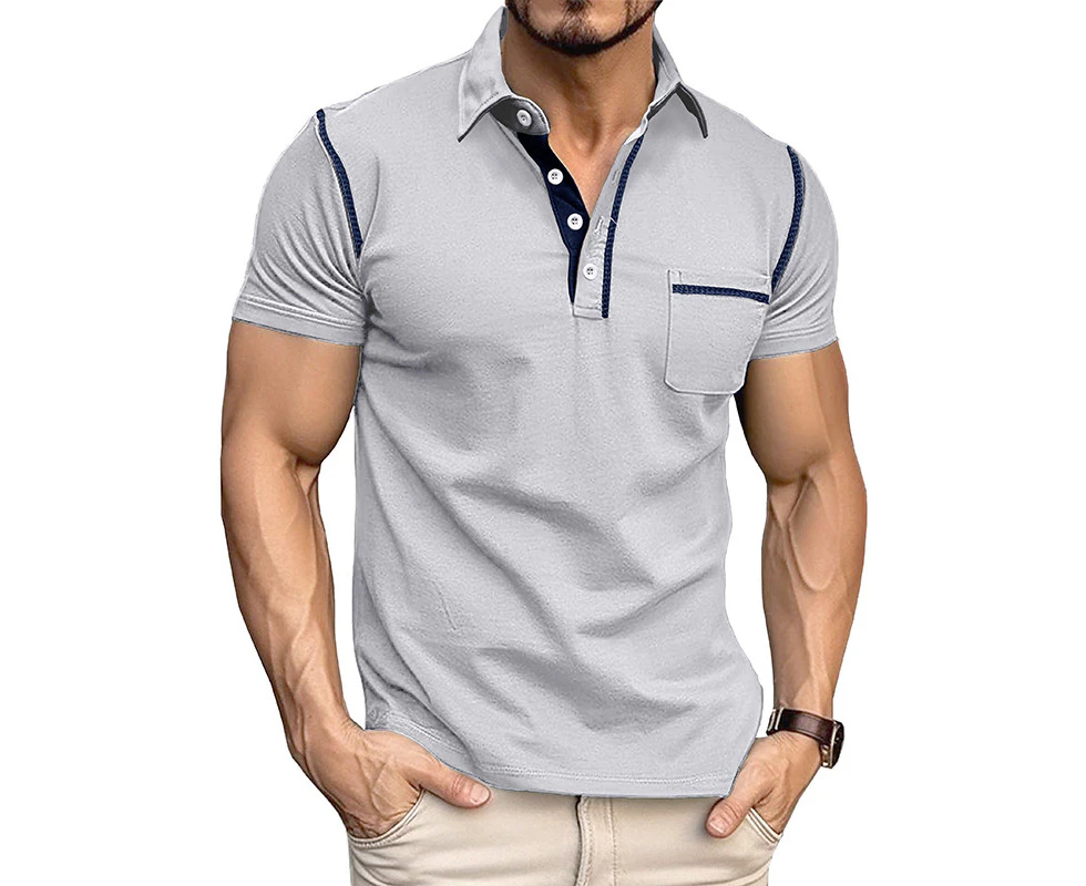 Mens Short Sleeve Polo Shirts Button V-neck Casual Henley Shirts with Chest Pockets for Men-White