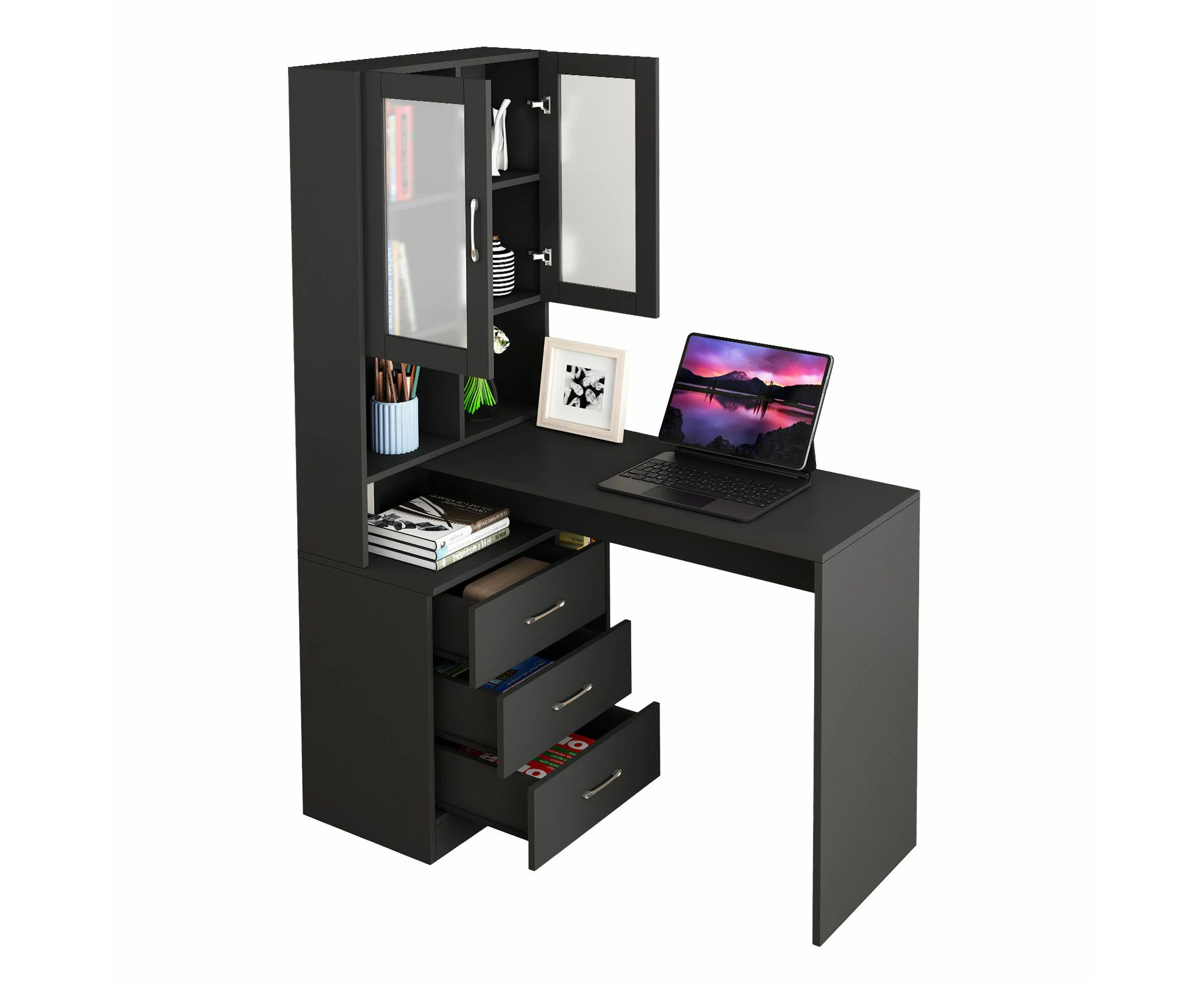 Computer Office Desk Bookcase Study Gamer Writing Laptop Table Wooden Storage Organiser Furniture with Drawers Cabinets