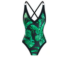 Women Monokini Retro Floral Leaf Print Backless Beachwear Deep V Neck Summer Female Swimsuit Bikini Beach Party Supplies-Black