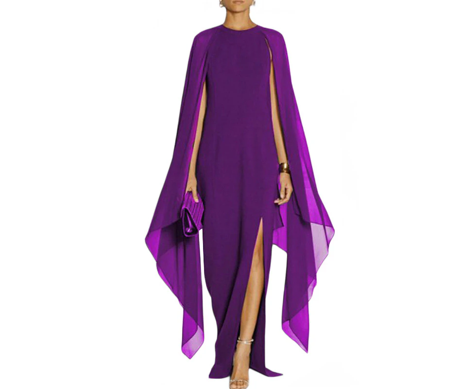 Strapsco Womens High Split Cape Dress Formal Evening Gowns Solid Color Maxi Dresses-Purple