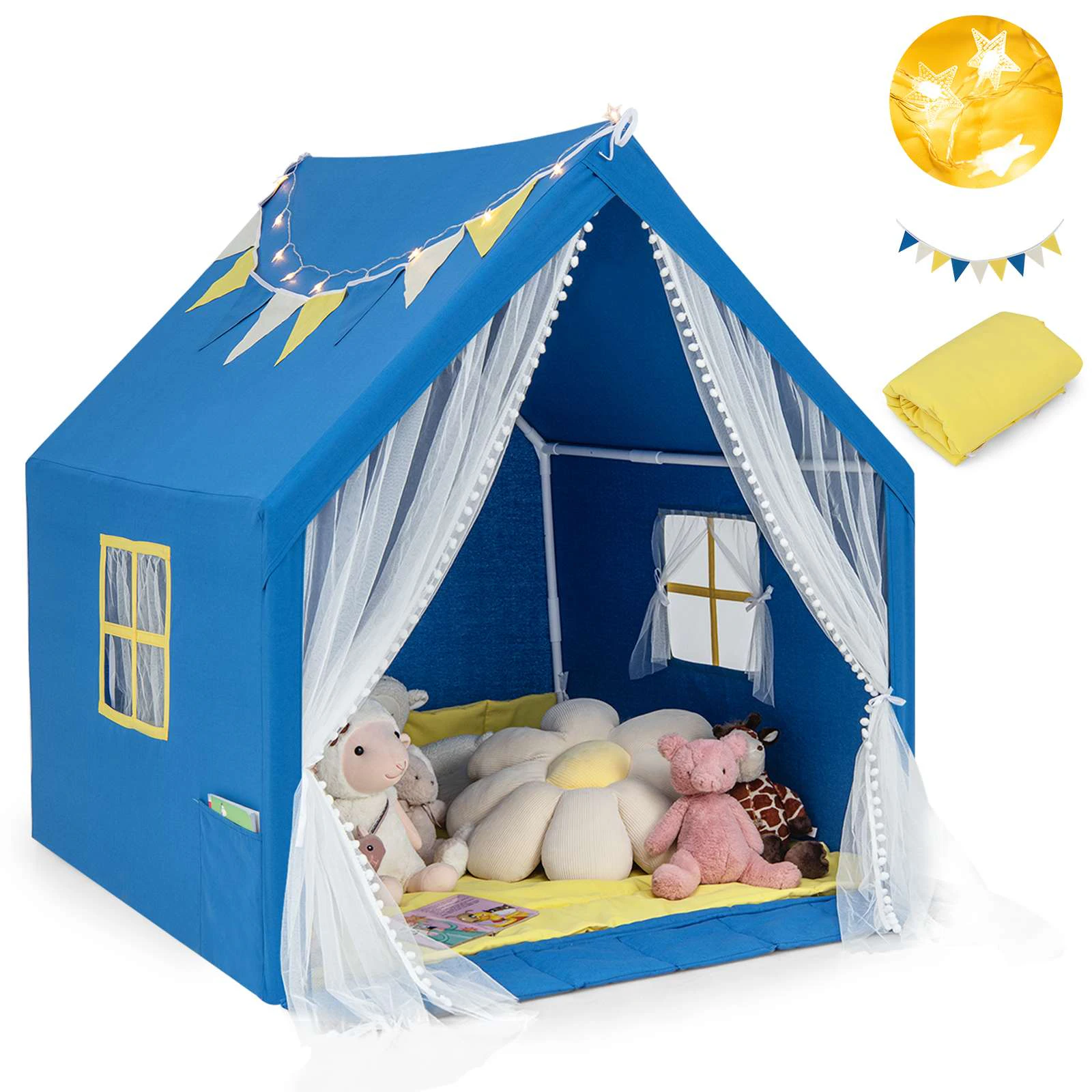 Costway Play Tent ren Castle Playhouse Indoor Toys Girls Boys Gifts w/Star Lights & Cotton Mat Blue