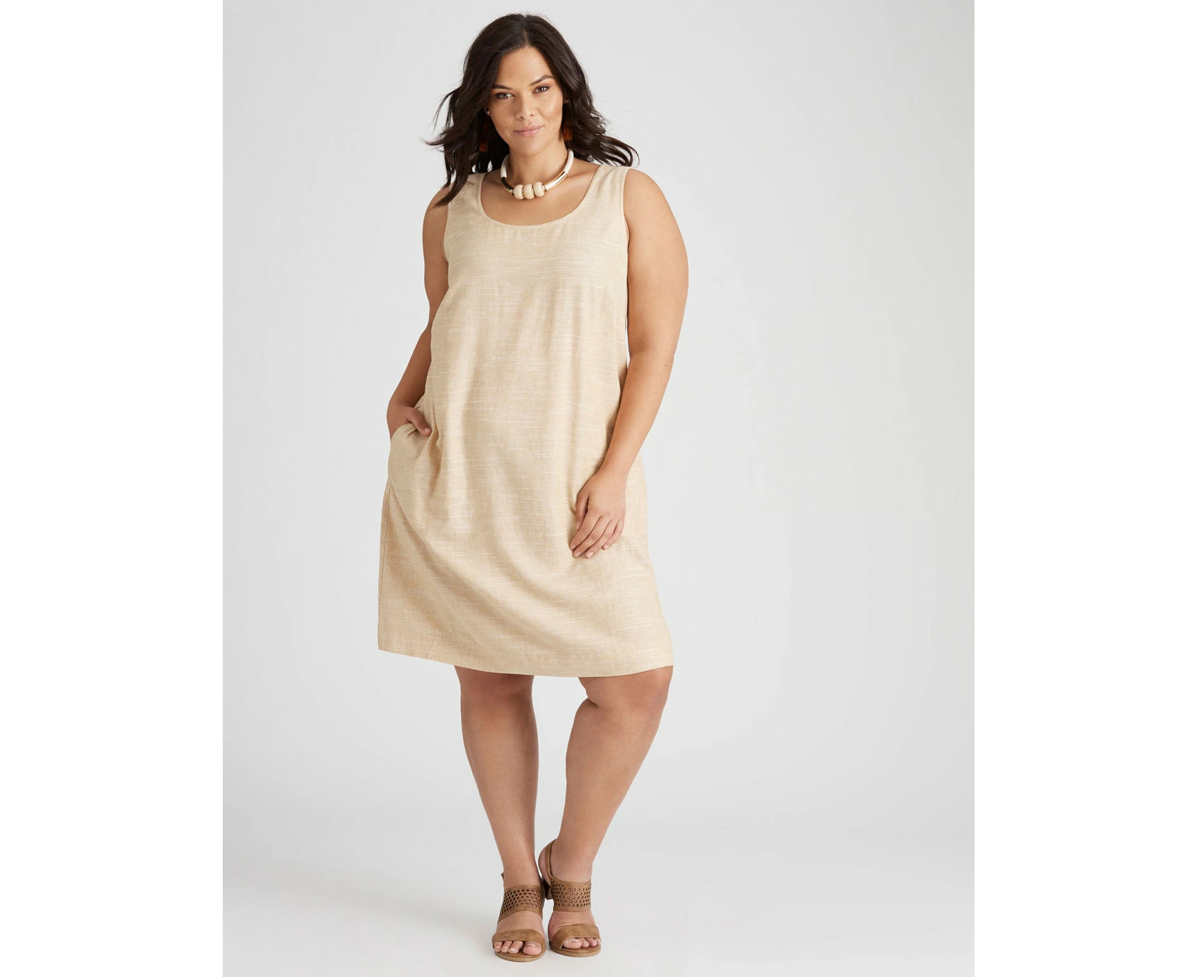 AUTOGRAPH - Plus Size - Womens Dress -  Linen Shift Dress - Beige