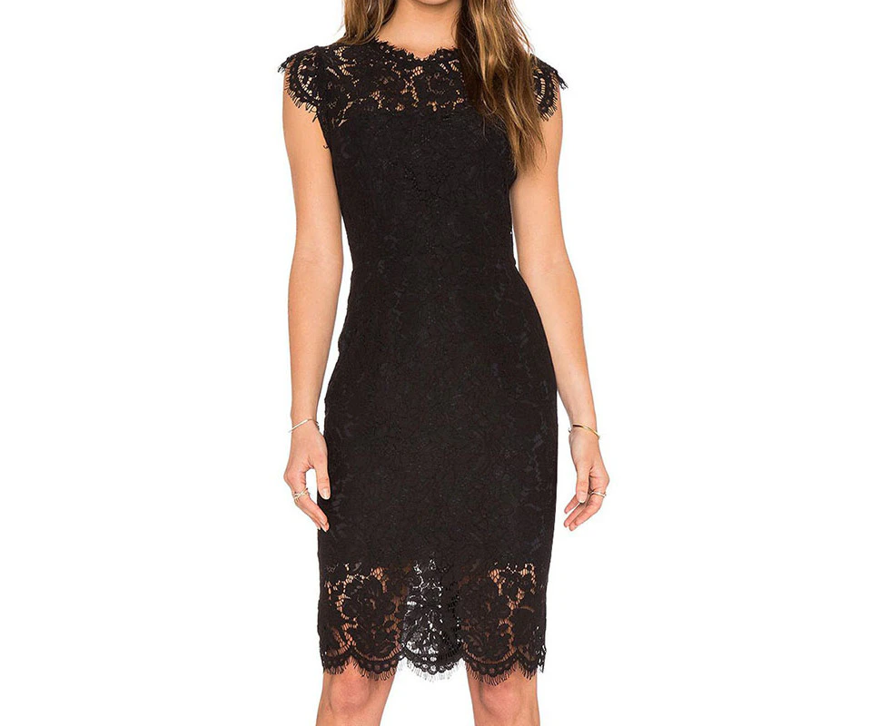 Strapsco Womens Floral Lace Knee Length Dress for Wedding Cocktail Party-Black