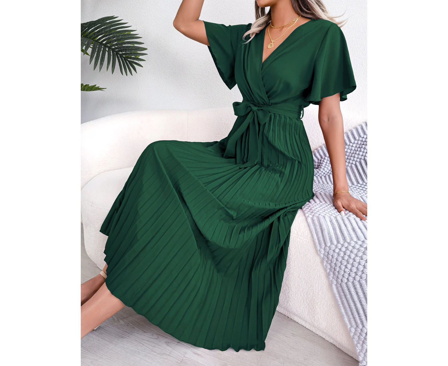 Women's Spring/Summer Temperament Cross V Neck Large Folded Long Dress with Ruffle Short Sleeve Dresses-green