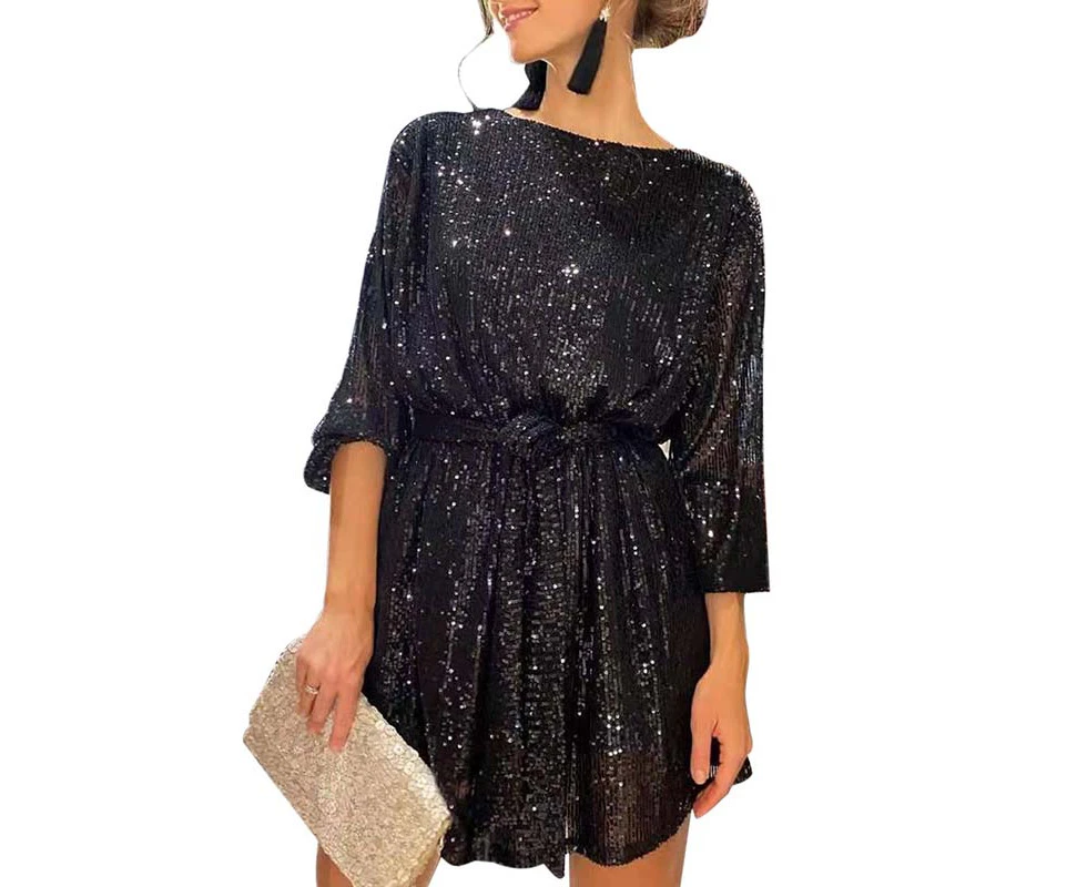 Strapsco Women Long Sleeve Sequins Glitter Dress with Belt Crew Neck Bodycon Dresses-Black