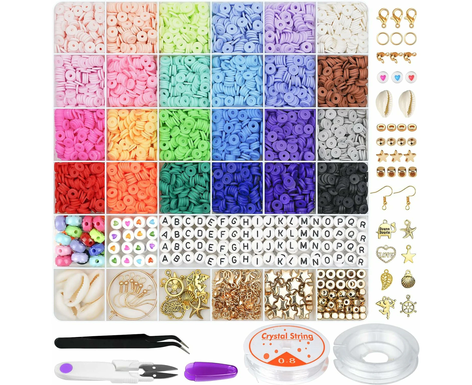 6000 Clay Beads Bracelet Making Kit, 24 Colors Flat Preppy Beads for Friendship Bracelets, Polymer Clay Beads with Charms for Jewelry Making, Crafts Gifts