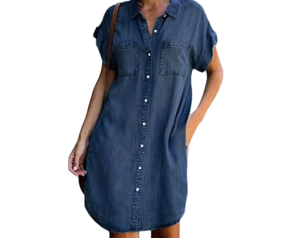 Strapsco Women Denim Shirt Dress Short Sleeve Button Loose Casual Long Dresses-Navy Blue