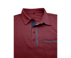 Mens Short Sleeve Polo Shirts Button V-neck Casual Henley Shirts with Chest Pockets for Men-Wine Red