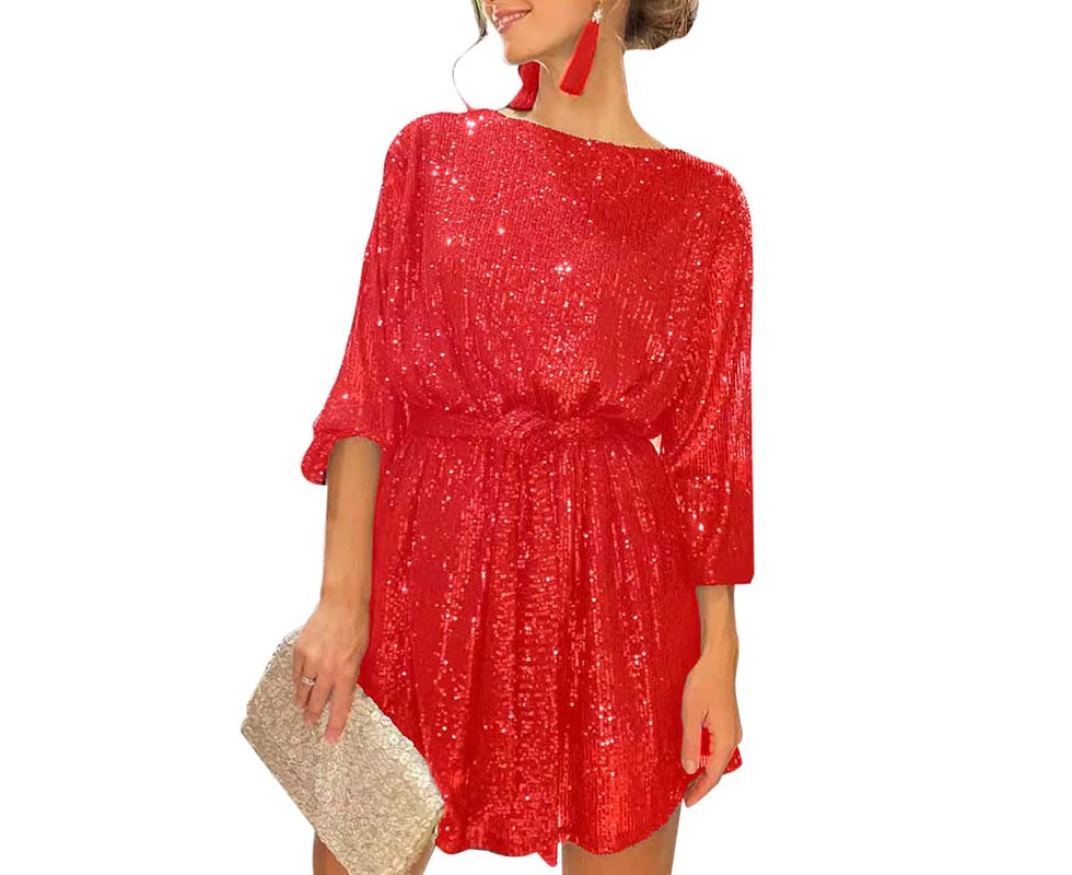 Strapsco Women Long Sleeve Sequins Glitter Dress with Belt Crew Neck Bodycon Dresses-Red