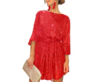 Strapsco Women Long Sleeve Sequins Glitter Dress with Belt Crew Neck Bodycon Dresses-Red