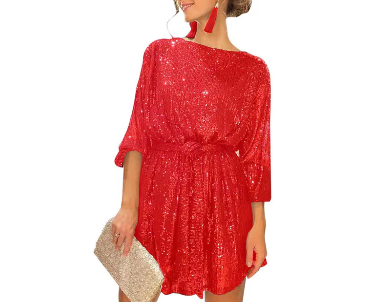 Strapsco Women Long Sleeve Sequins Glitter Dress with Belt Crew Neck Bodycon Dresses-Red