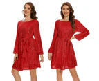 Strapsco Women Long Sleeve Sequins Glitter Dress with Belt Crew Neck Bodycon Dresses-Red