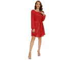 Strapsco Women Long Sleeve Sequins Glitter Dress with Belt Crew Neck Bodycon Dresses-Red