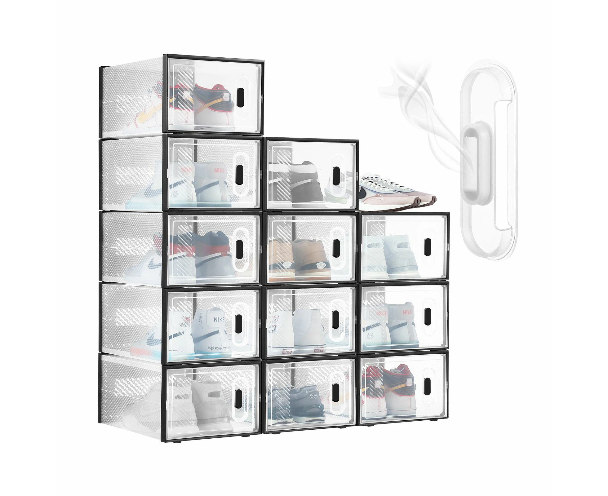 12PCS Plastic Shoe Boxes Clear Organiser Stackable Transparent Storage Display Cases Sneaker Containers Holder Bins Organizer Unit