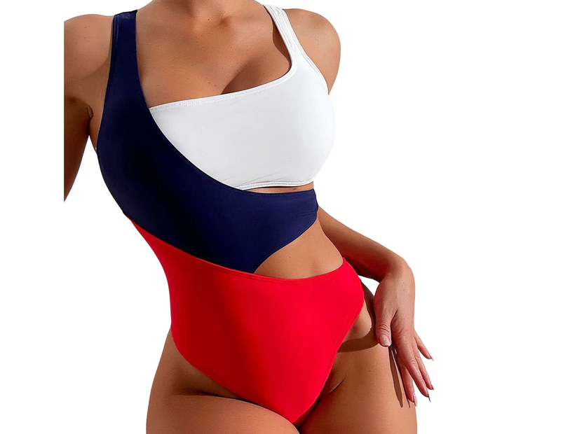 Women Monokini One Piece Contrast Color Sexy Stretchy Beachwear Square Neck Push Up Summer Female Swimsuit Bikini Beach Party Supplies-Blue & White