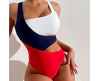 Women Monokini One Piece Contrast Color Sexy Stretchy Beachwear Square Neck Push Up Summer Female Swimsuit Bikini Beach Party Supplies-Blue & White