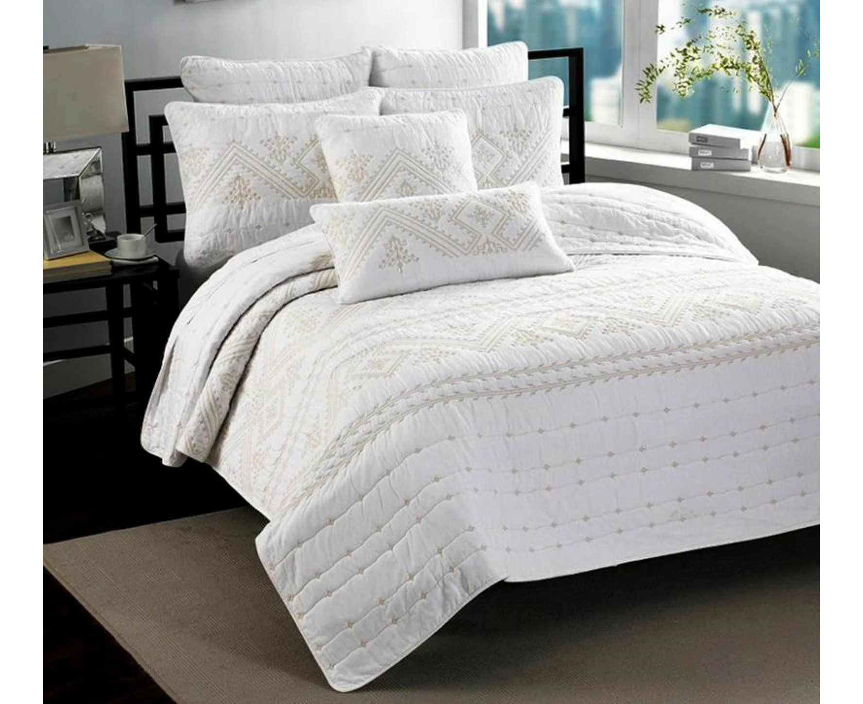 100% Cotton Bedspread Coverlet Set Comforter Quilt for King Super King Size Bed 240x260cm White and Gold