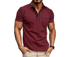 Mens Short Sleeve Polo Shirts Button V-neck Casual Henley Shirts with Chest Pockets for Men-Wine Red