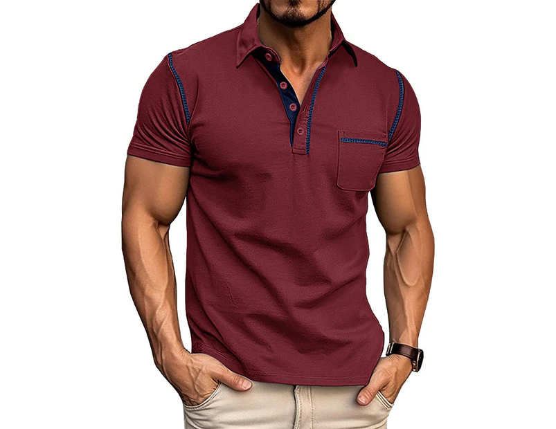 Mens Short Sleeve Polo Shirts Button V-neck Casual Henley Shirts with Chest Pockets for Men-Wine Red