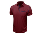 Mens Short Sleeve Polo Shirts Button V-neck Casual Henley Shirts with Chest Pockets for Men-Wine Red