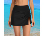 Women High Waist Swimming Skort Ruched Side Slit Bikini Bottom Quick-Dry Breathable Sports Yoga Swimming Skirt-Black