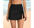 Women High Waist Swimming Skort Ruched Side Slit Bikini Bottom Quick-Dry Breathable Sports Yoga Swimming Skirt-Black